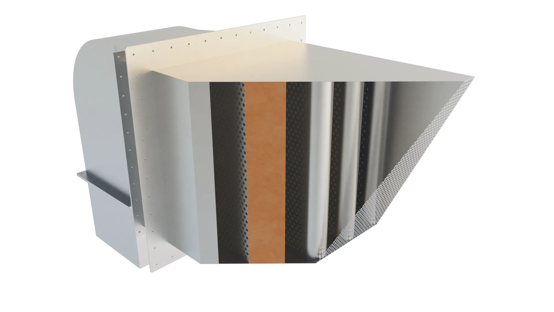 Interior cutaway of an Axces gas turbine exhaust silencer showing absorptive splitter baffles and airways