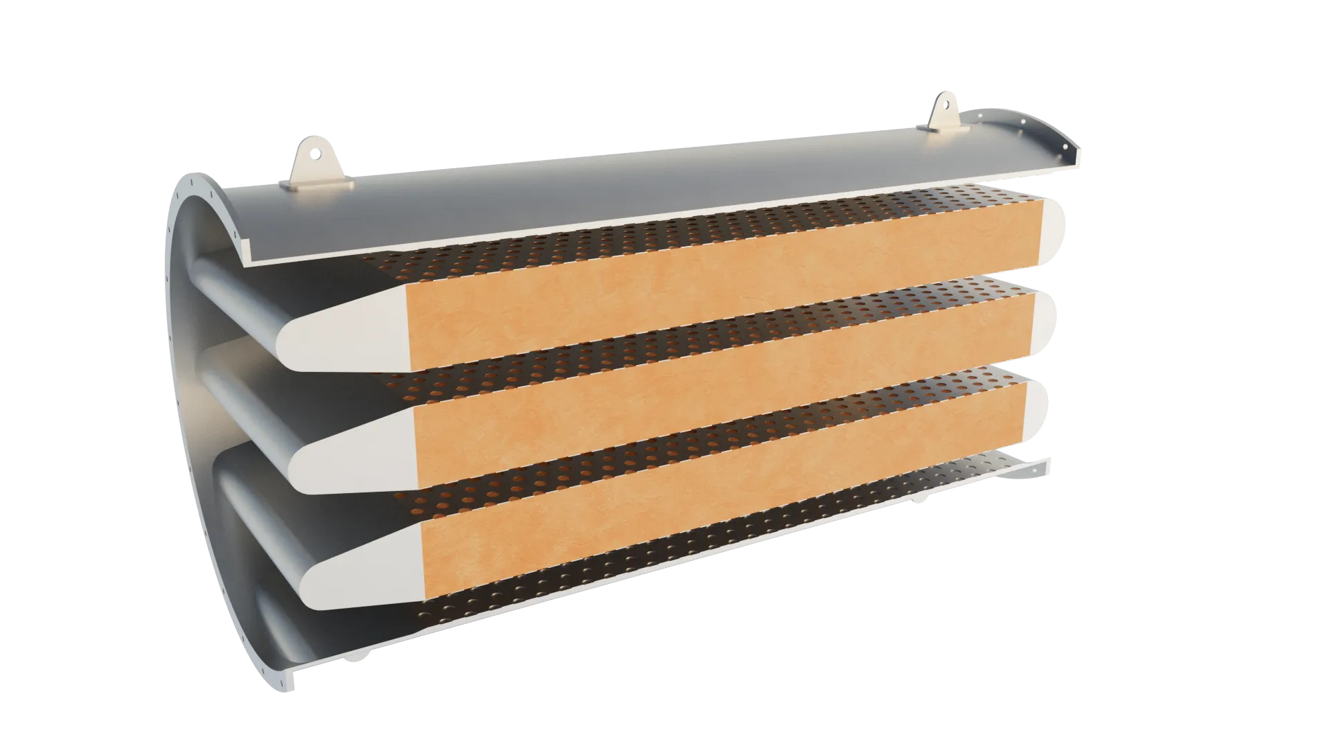 Interior cutaway of an Axces blower silencer showing absorptive lining and reactive chambers