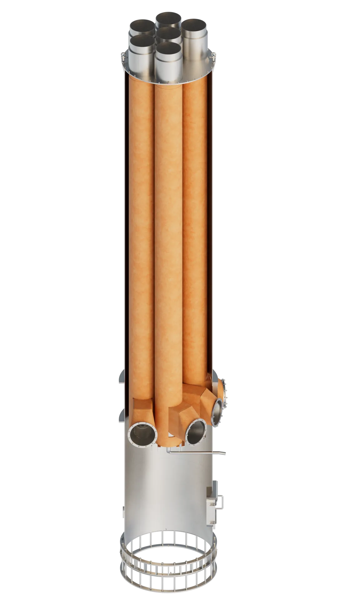 Interior cutaway of a multi-flue stack showing multiple insulated flues, guides and platforms inside the windshield