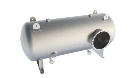 Exterior view of an Axces industrial pressure vessel, closed shell with dataplate and nozzles