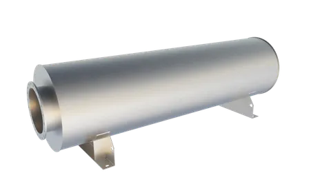 Exterior of an Axces exhaust silencer, flanged stainless-steel shell on support feet