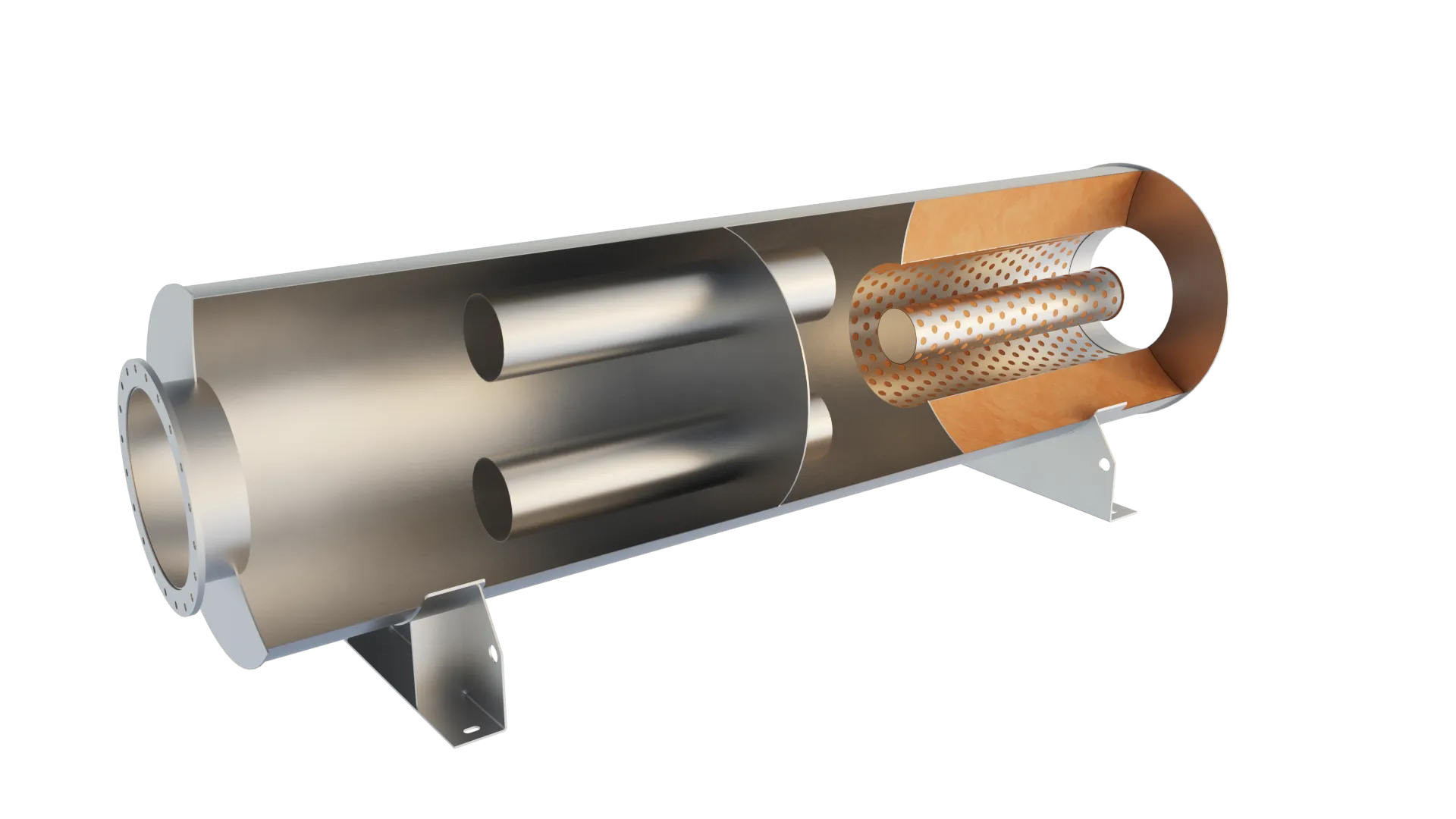 Cutaway render of an Axces reactive-absorptive exhaust silencer showing internal baffles