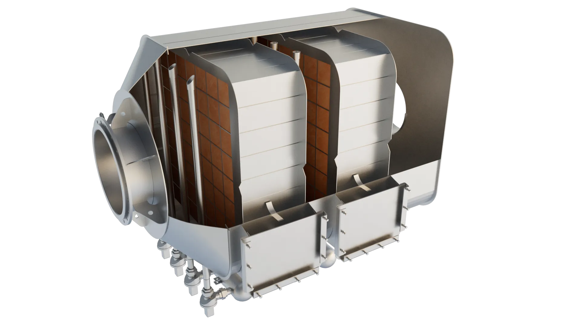 Cutaway render of an Axces SCR emission-control unit