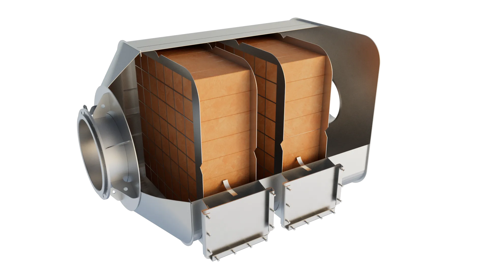 Interior cutaway of an Axces SCR reactor showing the urea injection lance, mixing section and catalyst layers