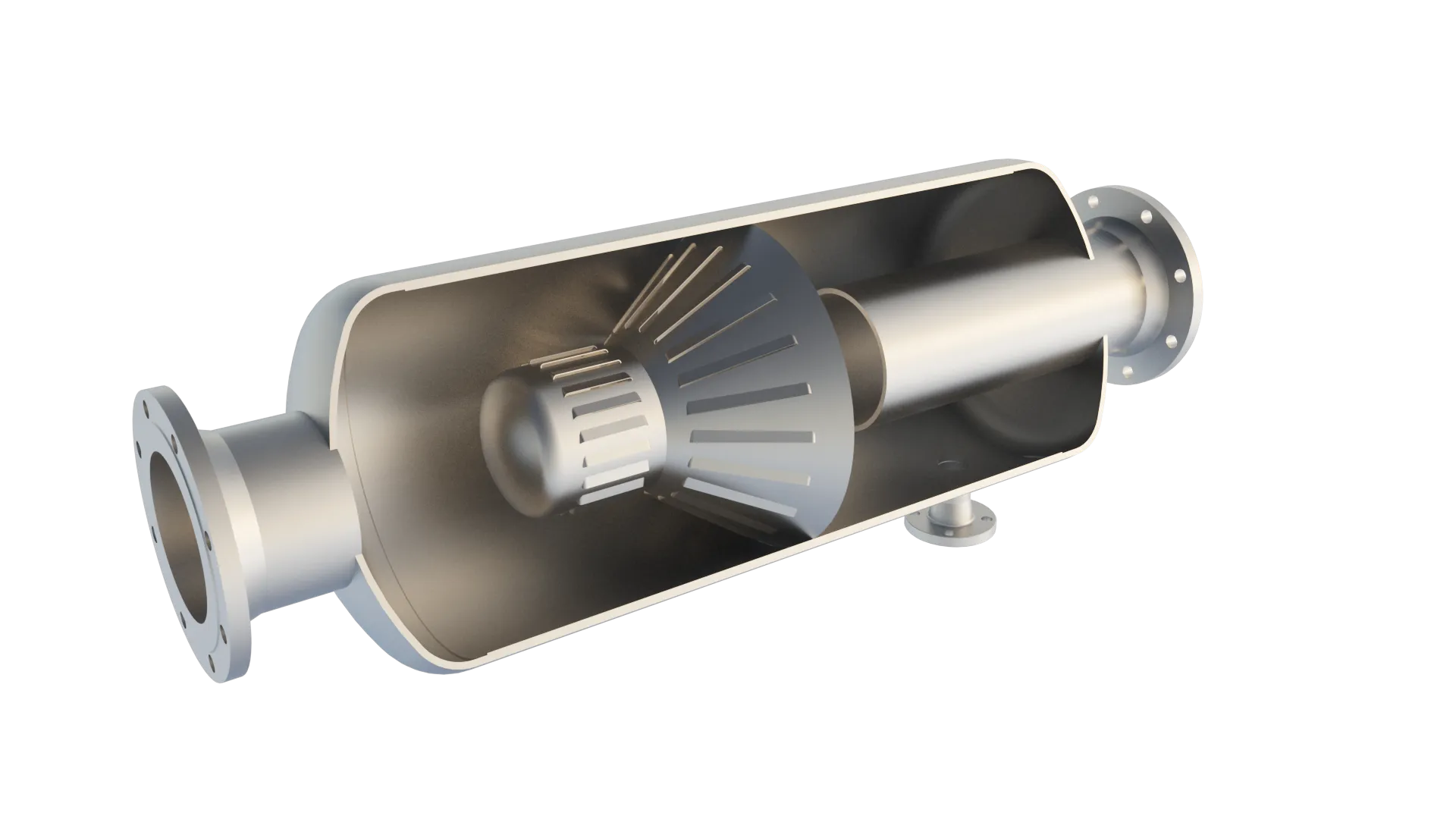 Interior cutaway of an Axces separation system showing the knockout section, vane demister and drainage