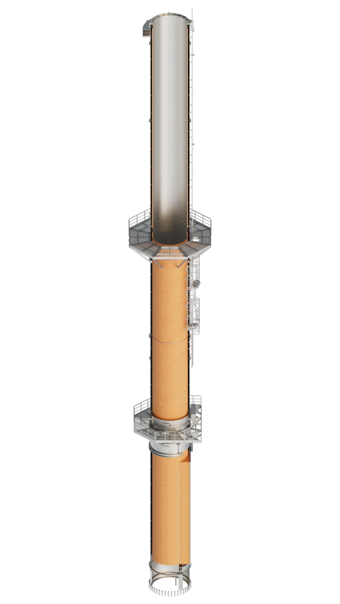 Interior cutaway of a freestanding single-flue stack showing the internal liner and ventilated interspace