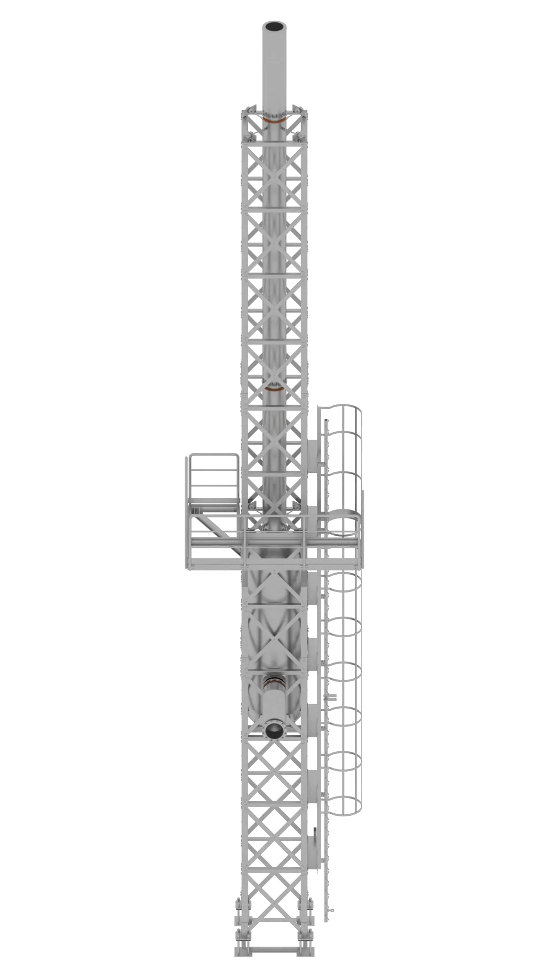 Weergave van een industriële stalen vakwerkdraagconstructie van Axces met de windverbanden, geboute verbindingen, toegangsbordes en kooiladder