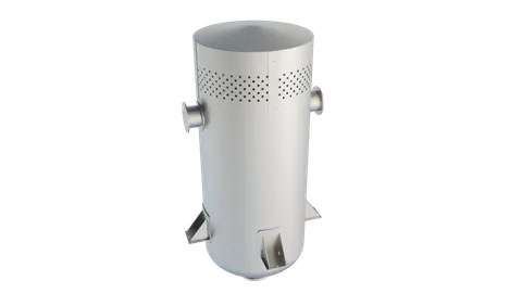 Exterior view of an Axces vent silencer, closed shell with inlet and elevated outlet