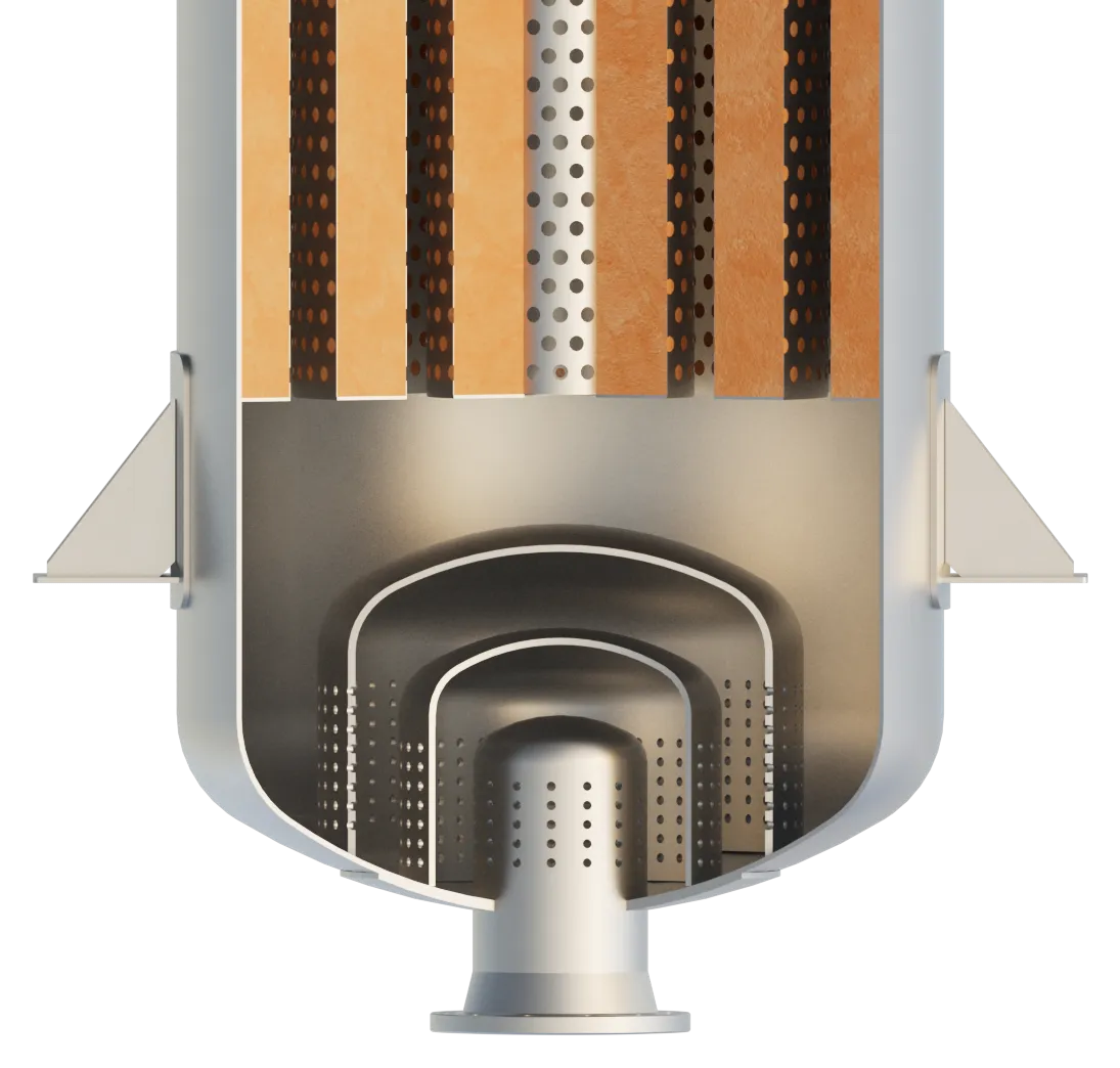Cutaway render of an Axces multi-stage pressure letdown diffuser dividing high-pressure gas into many small jets