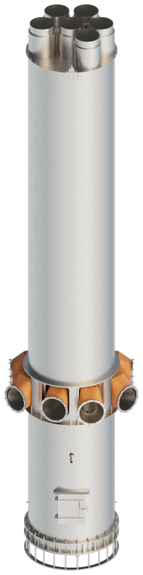 Cutaway render of an Axces freestanding multi-flue stack showing insulated flues guided inside one steel windshield