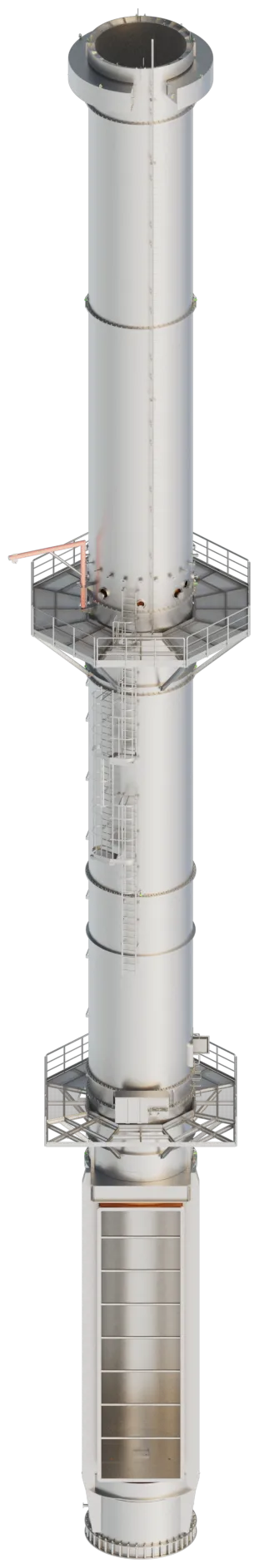 Cutaway render of an Axces freestanding single-flue steel stack showing the structural shell and internal liner
