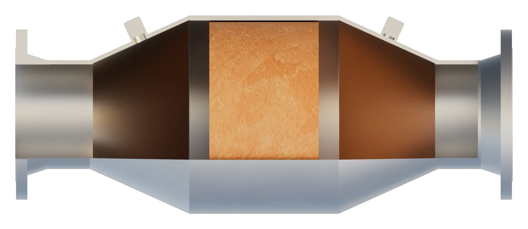 Cutaway render of an Axces staged industrial odor control train with a wet scrubber and activated-carbon polishing stage