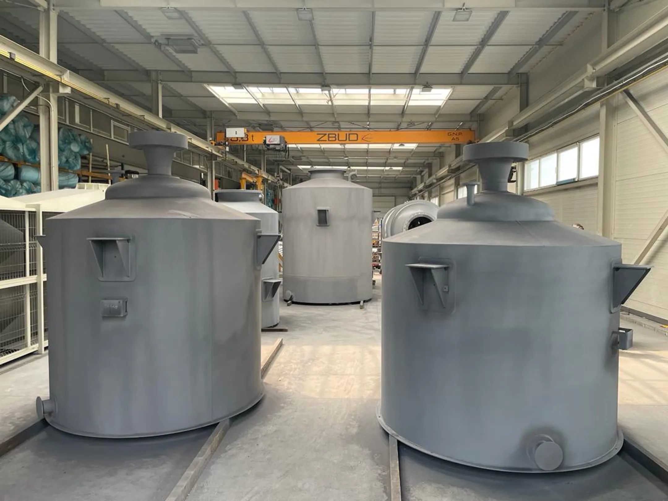 Axces pressure vessels and separation drums under fabrication for an oil and gas processing skid