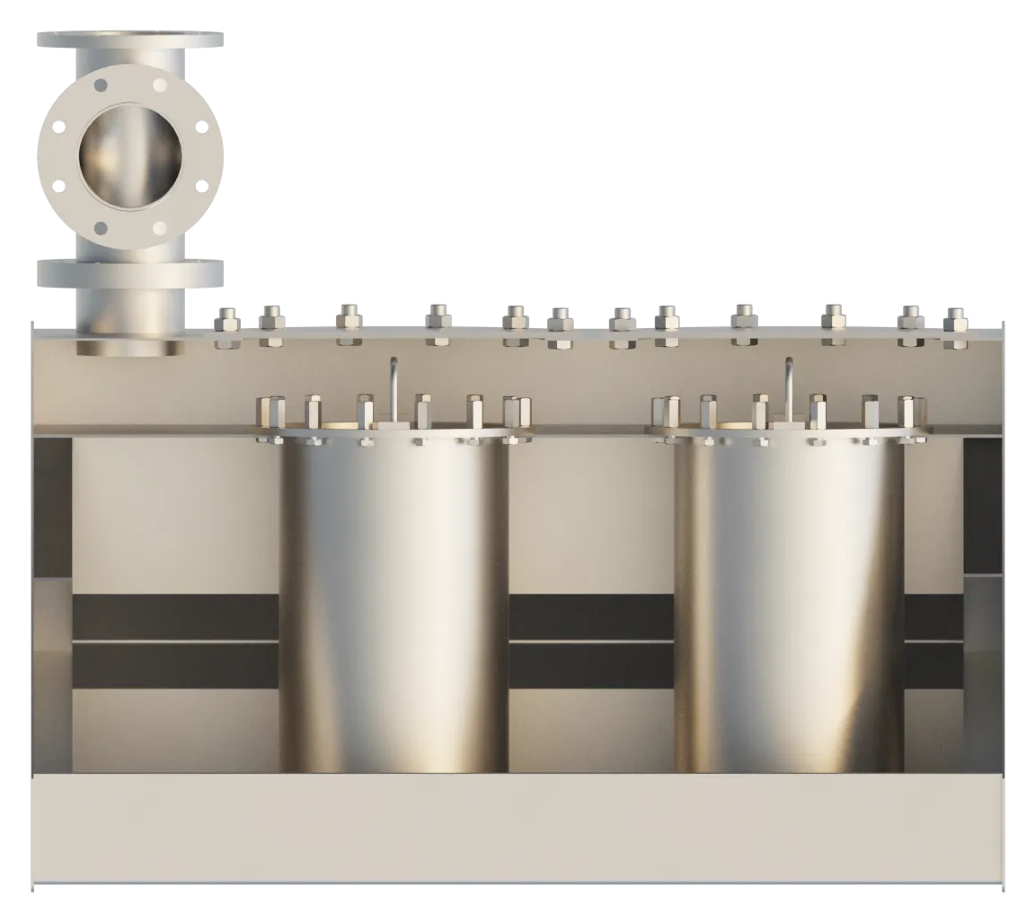 Cutaway render of an Axces wall-flow diesel particulate filter capturing soot from a diesel exhaust line