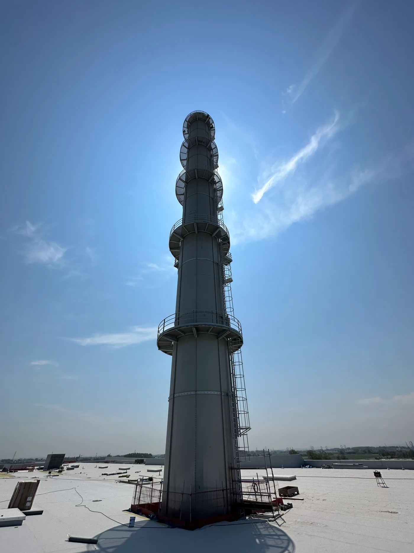Finished 80 m stainless steel freestanding chimney installed at a potato factory in France
