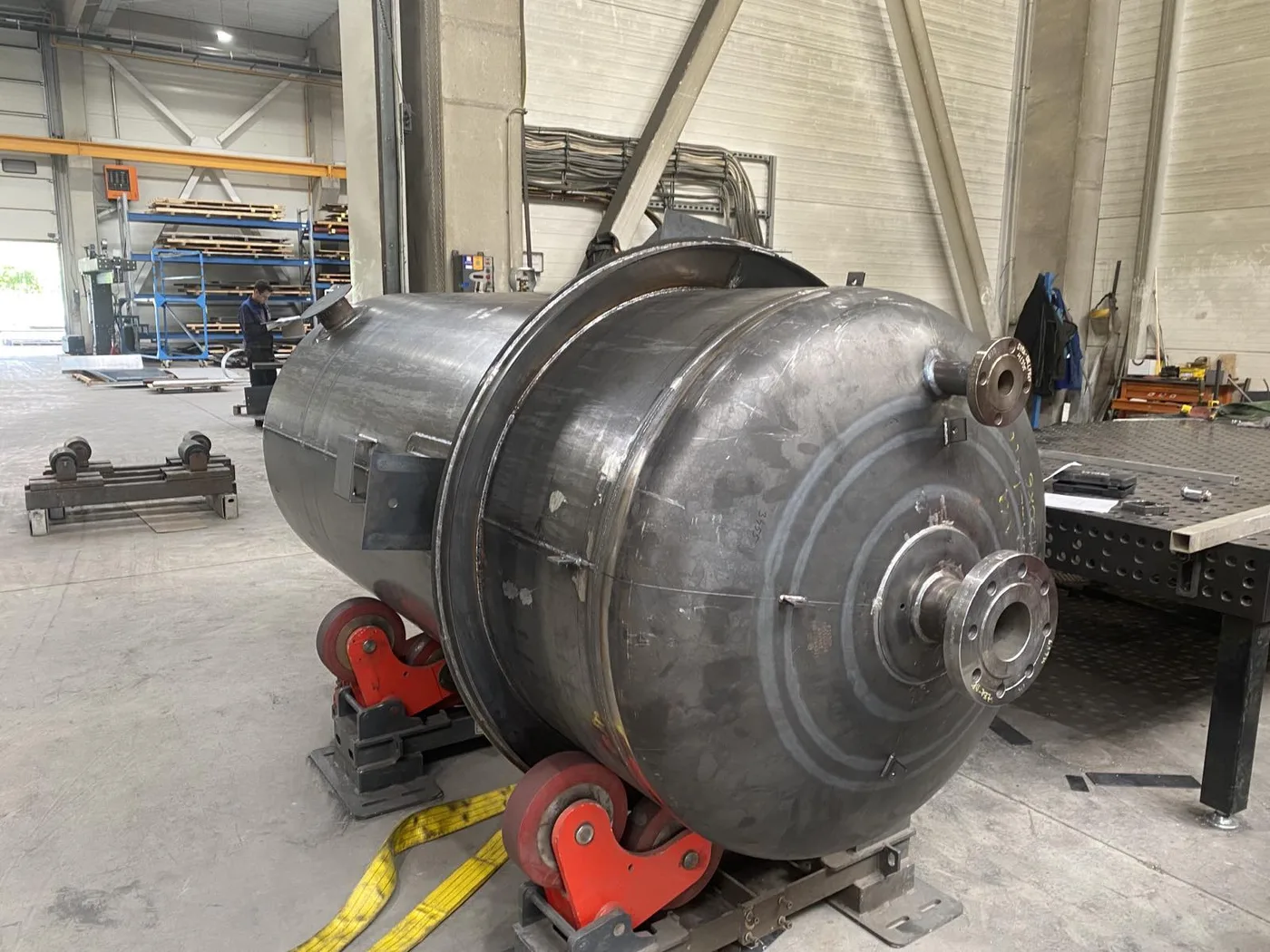 Inlet end of a high-pressure steam vent silencer for a refinery, with flanged connections on the dished head, before coating